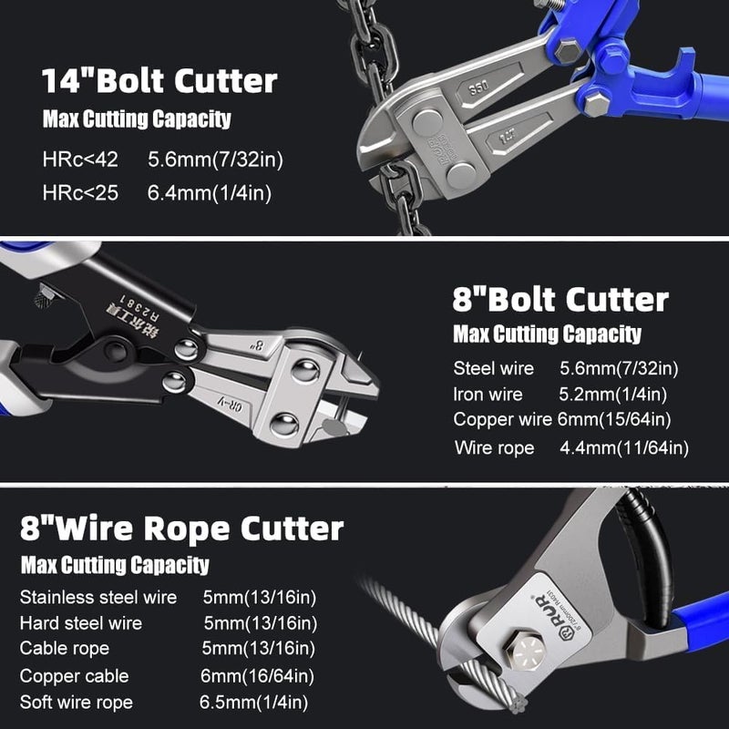 vomex 3Pcs Wire Cutters Heavy Duty Set - with Carry Case,14" Bolt Cutter,8" Wire Cutters Heavy Duty and 8" Wire Rope Cutter, Ergonomic Handle for Cutting Locks, Chains, Iron Wire, Includes Carrying Case - Image 2